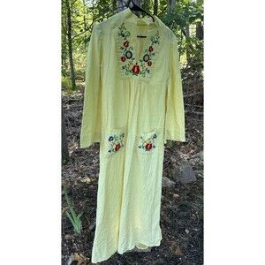 Vintage Boho Hippie Yellow Cotton Gauze Dress Caftan SM Floral Embroidery READ